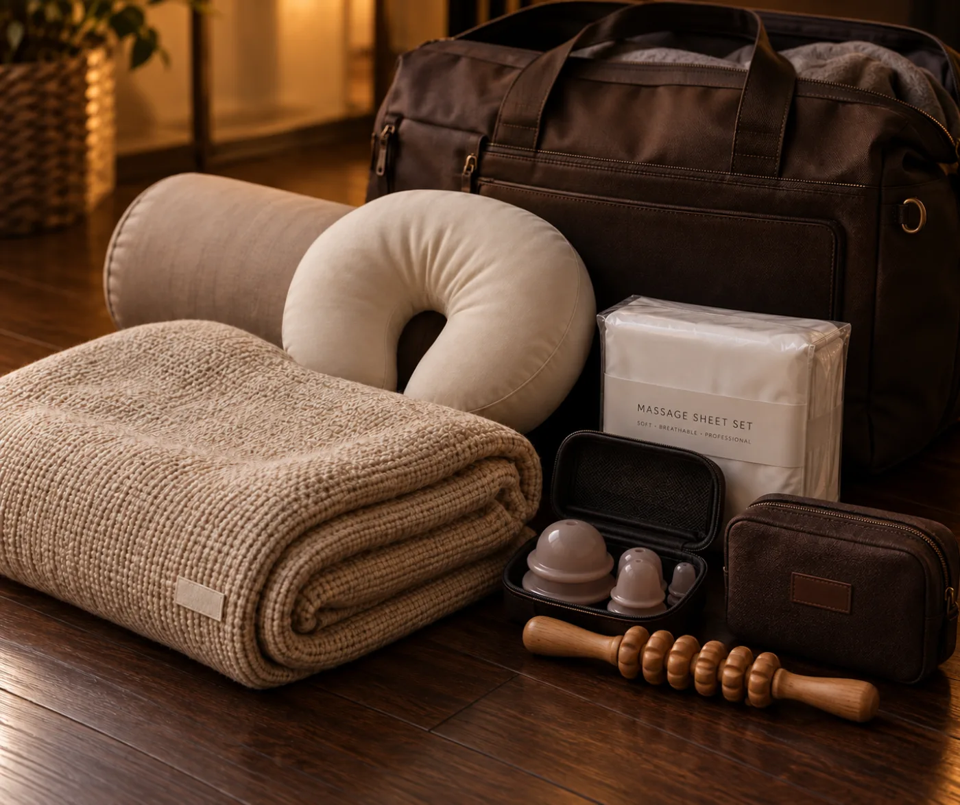 The bag I bring to a home visit: massage blanket, headrest, fresh linens and towels