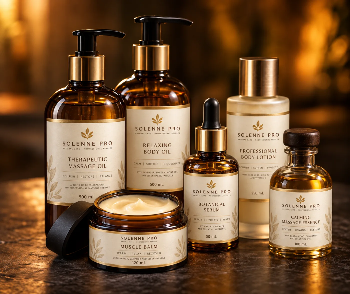 A selection of massage oils, body oil and muscle balm I bring to every session