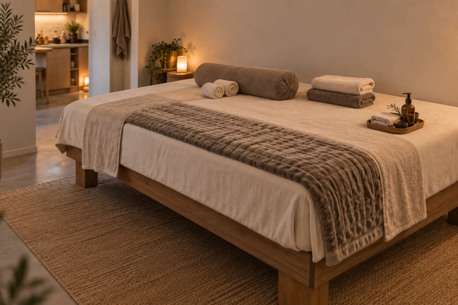 The wide bed at my studio, made up with a massage blanket, rolled towels and a bolster