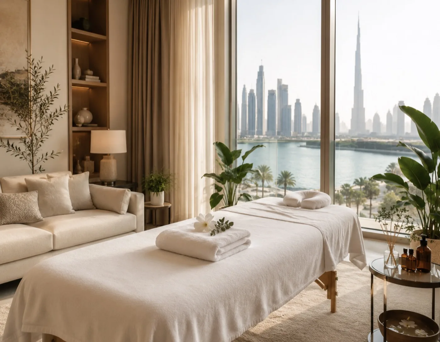 Home massage table set up by a window with a Dubai skyline and Burj Khalifa view